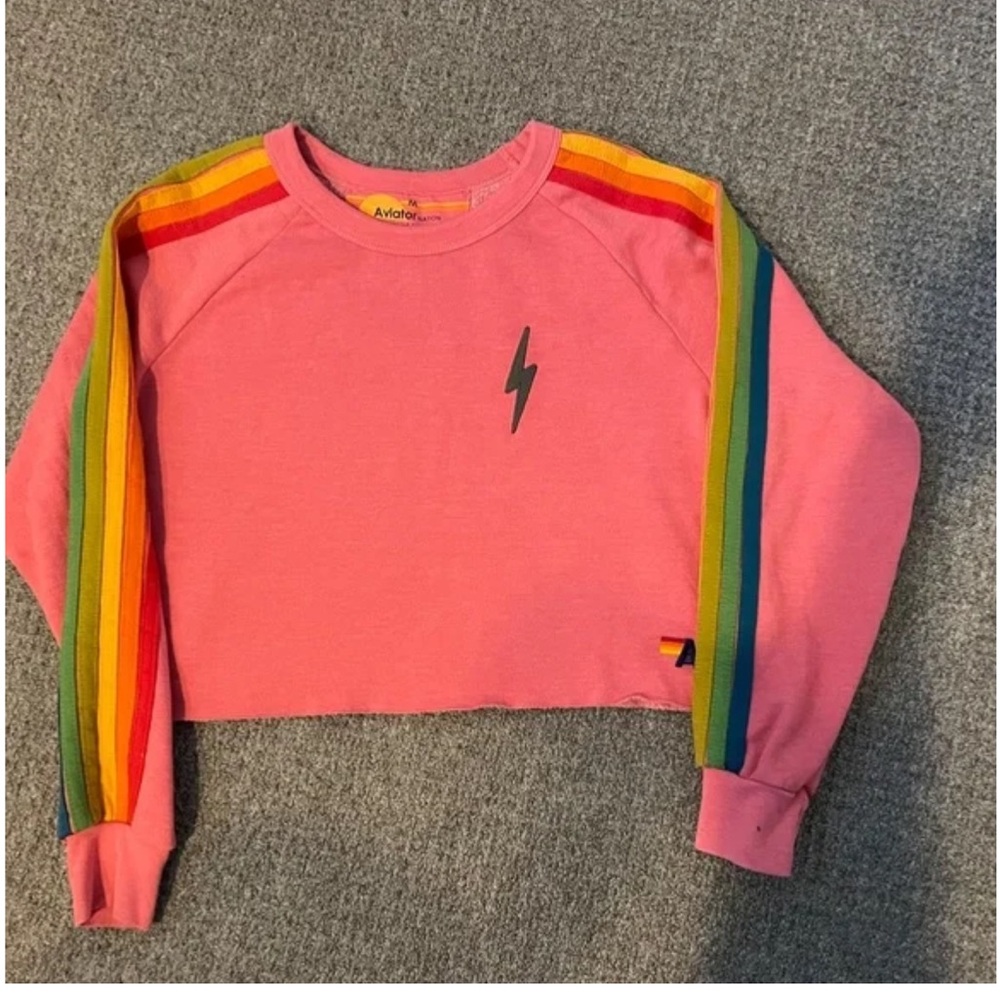 Aviator Nation Pink Sweatshirt with Rainbow Sleeves